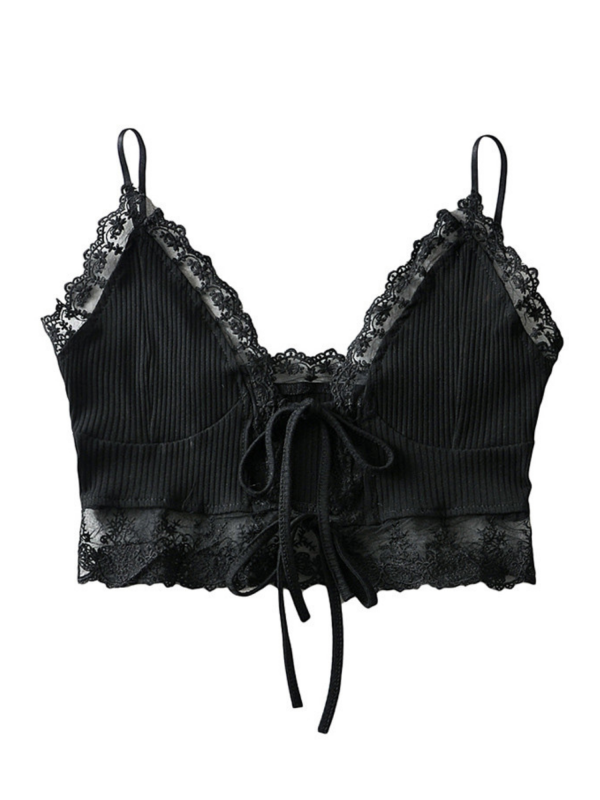 Lace Pleated Ribbed Tied Top
